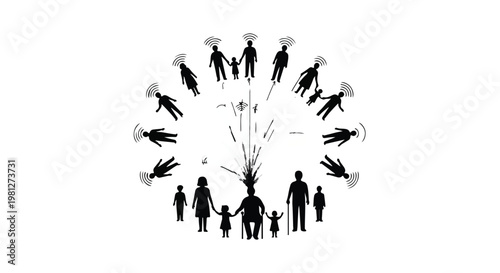 Diverse people silhouettes spreading outwards in circular motion with arms extended in various directions on white background for teamwork community concept