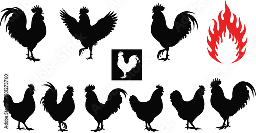 Rooster Silhouette Icon Set with Chicken Farm Bird Symbols and Flame Element for Logo, Mascot, and Vector Design