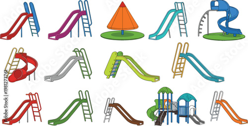 Playground Slide Icon Set Collection with Kids Park Equipment, Water Slides, Ladders, and Vector Design Elements