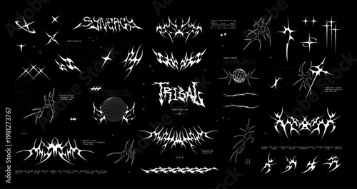 Cybersigilism and Neotribal Graphic Element Set. Gothic tattoo style, reimagined tribal patterns, lettering, abstract elements with pointed spikes. Cybersigilism for streetwear, typography. Vector