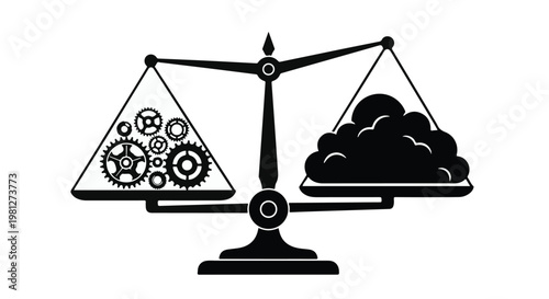 Balance scale with gears and clouds on each side, weighing technology and nature, symbolizing harmony and equilibrium in modern business and environmental concepts