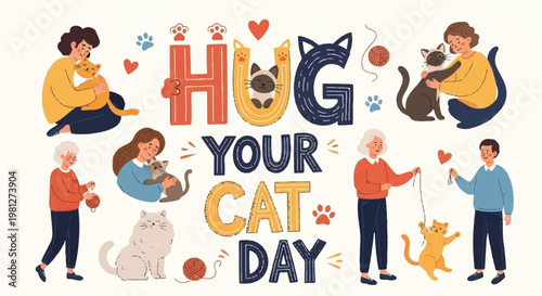 Group of diverse people hugging their cats in colorful flat illustration set for national hug your cat day social media graphic design assets