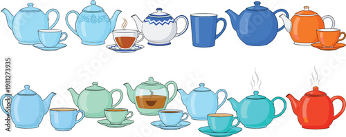 Teapot and Cup Icon Set Collection with Tea Kettles, Ceramic Drinkware, Hot Beverage, and Vector Design