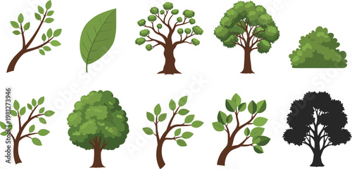 Tree and Leaf Icon Set Collection with Green Nature Plants, Forest Branches, Bushes, and Vector Design Elements