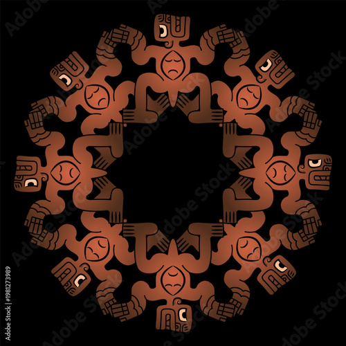 Geometrical ethnic frame with fantastic figurines. Native American indigenous design from ancient Peru. Brown ornament on black background.