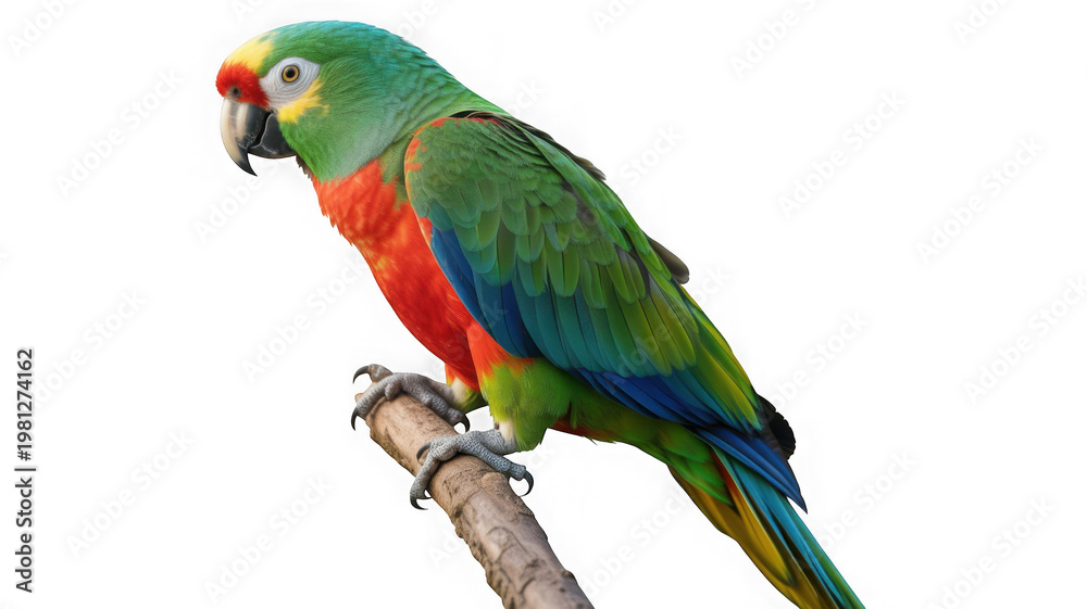 Fototapeta premium Green and red macaw parrot perched on a branch, isolated on black background