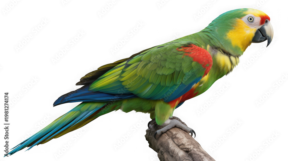 Obraz premium Green and red macaw parrot perched on a branch, isolated on black background