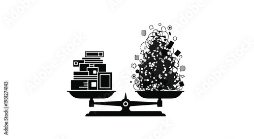 Black and white illustration of scales balancing work and life, productivity versus leisure, office tasks versus personal time, work-life balance concept