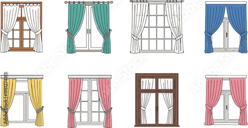 Window Curtain Icon Set Collection with Home Interior Drapes, Bedroom Decor, Modern Windows, and Vector Design Elements