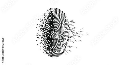 Digital fingerprint dissolving into particles, disappearing identity concept, futuristic technology, abstract background, security and privacy issues