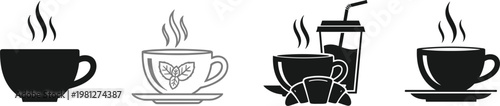 Coffee cup icon collection with steaming beverages croissant and takeaway drink symbols isolated flat vector illustration set