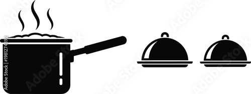Cooking pot and food cloche icons with steaming saucepan and serving covers isolated flat vector illustration set