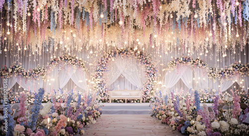 Outdoor Luxury Wedding Ceremony Setup with Floral Arch at Sunset