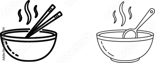Hot soup bowl icon set with chopsticks and spoon steaming food line vector illustration collection for menu design