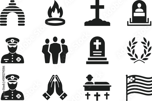 Military Funeral Icon Set Featuring Flags, Caskets, Bugles, Salutes, and Tombstones, Flat Vector Collection of Commemorative Symbols for Memorial Graphics, Remembrance Design, and Honor Tribute Projec