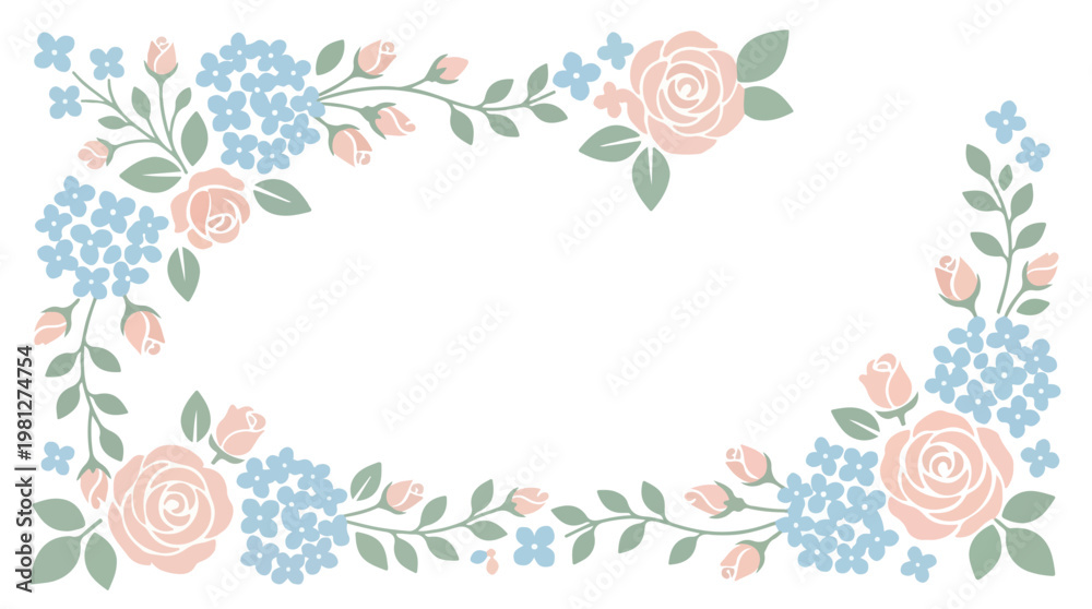 Obraz premium Soft pastel floral border with delicate roses and hydrangeas creating a gentle frame for text or design