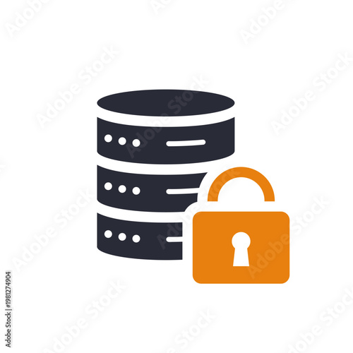 Secure database icon with padlock, flat showing stacked server disks and orange lock representing data protection, encryption,