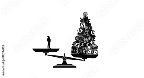 Businessman standing on scale with pile of coins money on other side, weighing wealth and success in modern financial concept