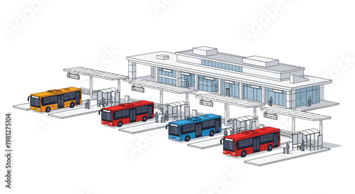 An organized isometric bus terminal displays several colorful vehicles parked at designated loading bays under a modern white building with glass windows.