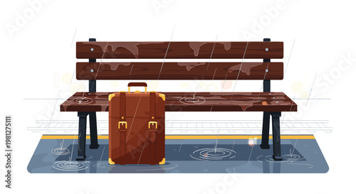 A solitary brown leather suitcase stands beside a wet wooden bench on a dark rainy platform where falling raindrops create delicate ripples in puddles.