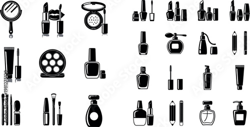 Cosmetic and Makeup Icon Set Featuring Lipsticks, Nail Polish, Perfume, Brushes, and Beauty Tools for Fashion and Beauty Designs