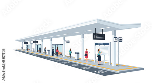 A pristine white modern transit platform features a long cantilevered roof and glass waiting areas where several passengers wait for their next connection.