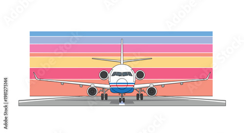 A sleek commercial jet airplane stands stationary on a gray runway against a vibrant background of horizontal blue pink and orange stripes in flat style.