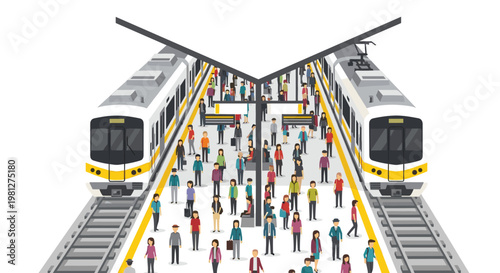 A bustling crowd of diverse commuters waits on a central platform between two modern white and yellow trains under a geometric canopy in a flat illustration.