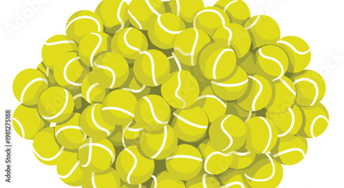 A massive collection of vibrant yellow tennis balls with distinct white curved seams is piled together in a dense cluster against a clean white backdrop.