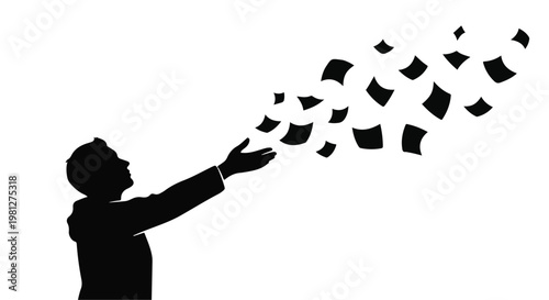 Silhouette of a man throwing papers in the air, feeling free and carefree in a minimalist white background