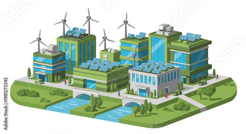 A meticulously detailed isometric green city features sustainable wind turbines and solar panels atop modern buildings surrounded by lush parks and rivers.