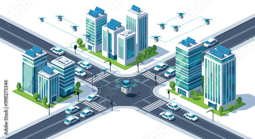 This intricate isometric smart city layout showcases advanced delivery drones navigating complex flight paths above a busy urban intersection with cars.