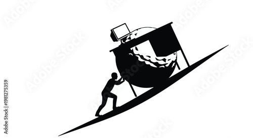 Silhouette of businessman pushing large rolling ball up steep hill with office chair and computer on top, representing struggle and challenge in corporate career, modern black and white illustration