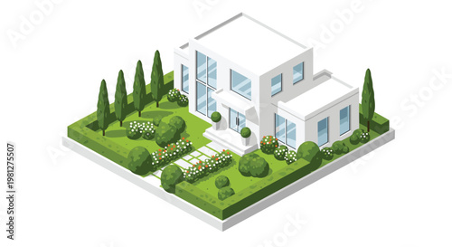 A pristine white isometric villa stands elegantly amidst a lush green landscape featuring tall cypress trees and meticulously trimmed hedges under bright light.