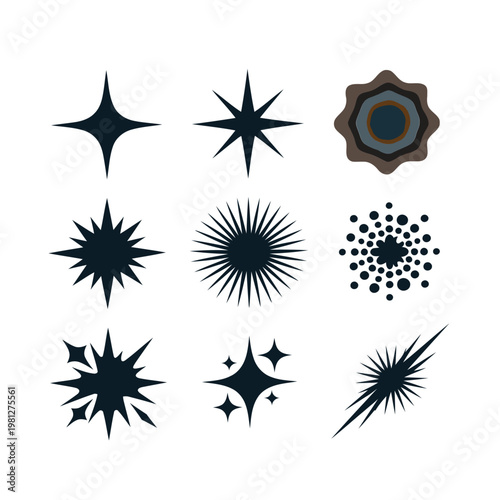 Set of black starburst and sparkle icons, vector geometric star shapes and twinkle elements on white background.