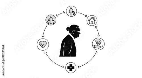 Medical professional healthcare worker with icons representing patient care and health services in circular flowchart