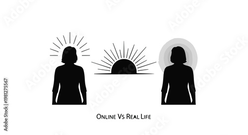 Social media online versus real life contrast, person silhouettes with sun and moon, symbolizing digital versus physical world