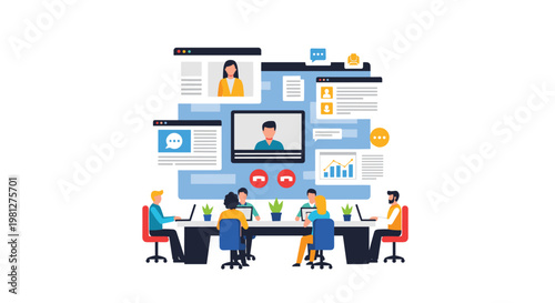 A group of diverse professionals sits at a long table participating in a video conference displayed on a large digital screen with multiple windows in a bright office.