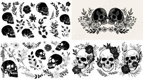 Hand drawn skulls with floral elements leaves and botanical decorations in black ink style creating gothic tattoo compositions isolated on white background