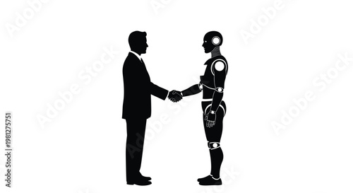 A solid black silhouette depicts a professional businessman in a suit shaking hands with a detailed humanoid robot against a stark white background space.