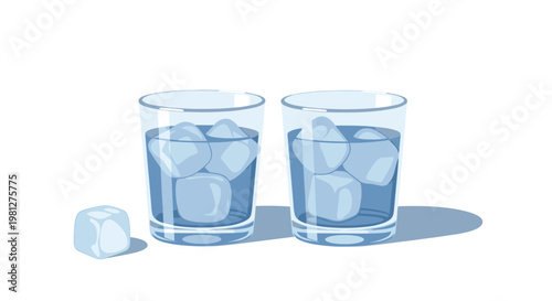 Two clear drinking glasses filled with refreshing blue liquid and several translucent ice cubes cast soft blue shadows on a pristine white background surface.