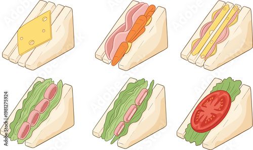 Sandwich Set with Cheese Ham Sausage and Vegetable Fillings Delicious Food Illustration Collection for Breakfast Menu and Fast Food Design