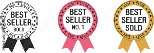 Number 1 Best Seller Badge Vector Featuring Circle Label with Ribbon, Flat Gradient Icon Design for Logo, Seal, Stamp, Sticker, Award Symbol, and Promotional Marketing Graphics
