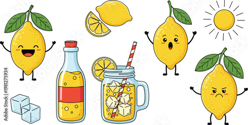 Cute lemon cartoon characters vector set with lemonade bottle jar glass ice cubes and fresh citrus slices isolated illustration