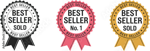 Number 1 Best Seller Badge Vector Featuring Circle Label with Ribbon, Flat Gradient Icon Design for Logo, Seal, Stamp, Sticker, Award Symbol, and Promotional Marketing Graphics