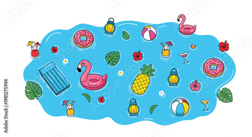 Various hand-drawn summer vacation icons including pink flamingo floats, frosted donuts, tropical cocktails, and beach balls float on a vibrant blue water background today.