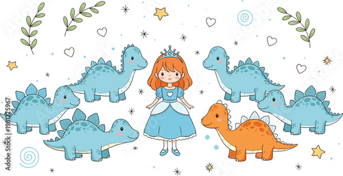 Cute princess with dinosaurs vector illustration featuring cartoon stegosaurus characters fantasy fairytale scene for kids design isolated background