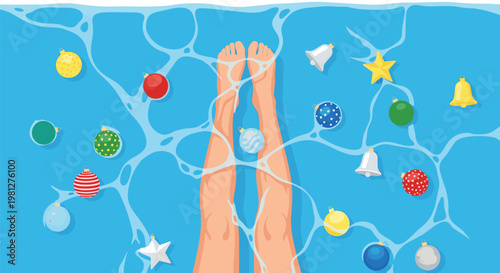 Bare human legs rest peacefully underwater in a bright blue swimming pool filled with colorful floating Christmas ornaments and festive holiday decorations.