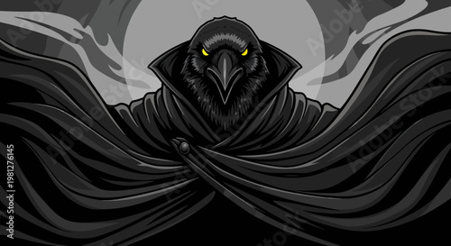 Black bird creature with yellow eyes.