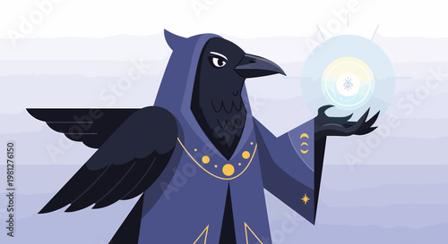 Black bird in magic robe holding orb.